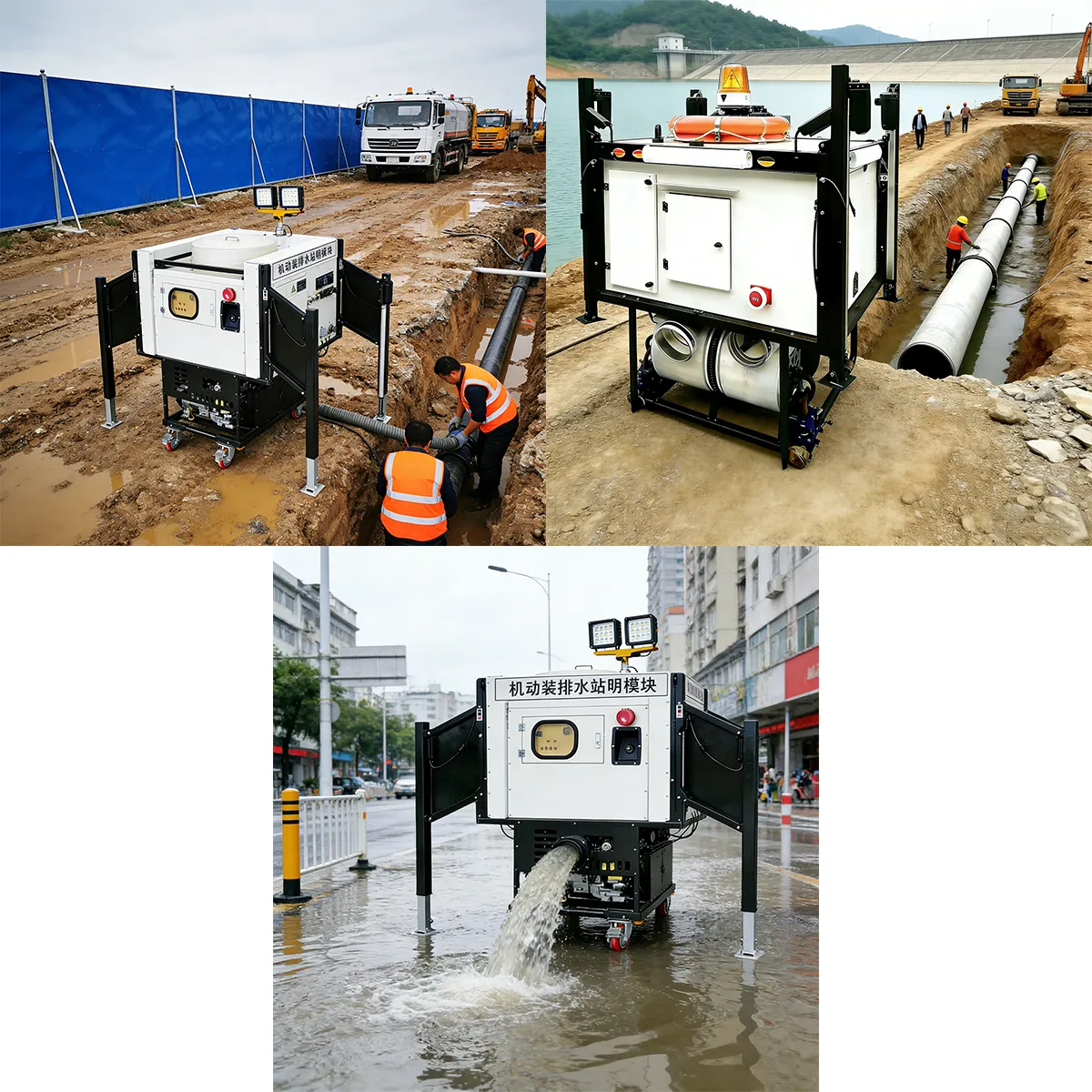Self-loading mobile drainage shelter box for emergency flood control and drainage system