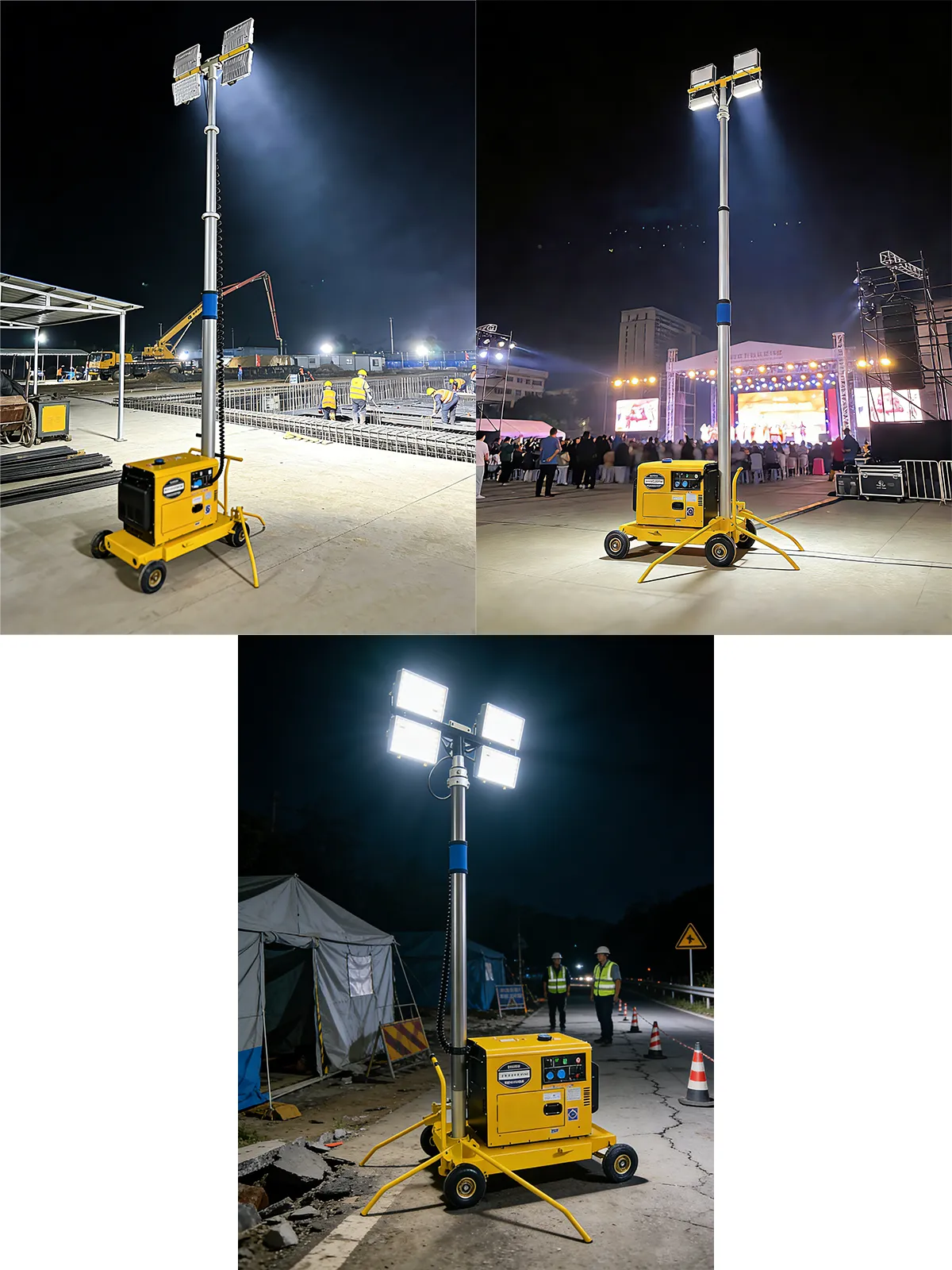 Pneumatic lifting mobile lighting tower cart with LED floodlights