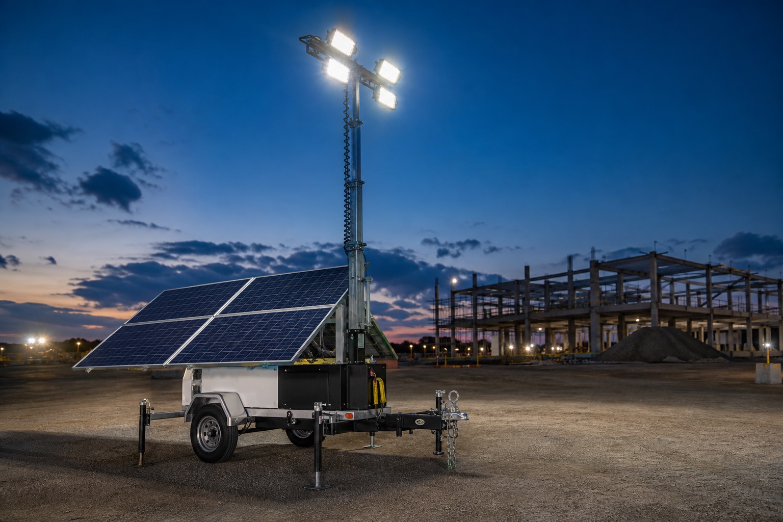 solar powered lighting tower in a professional temporary lighting application