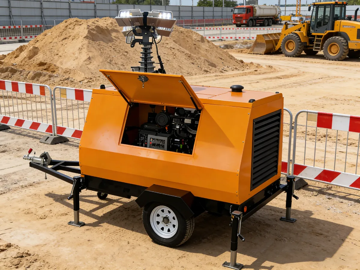 Trailer-type mobile lighting tower with a hydraulic mast configuration