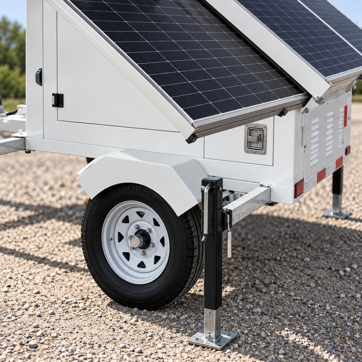 Close view of the white enclosure, wheel and deployed stabilizer under black solar panels of a trailer light tower