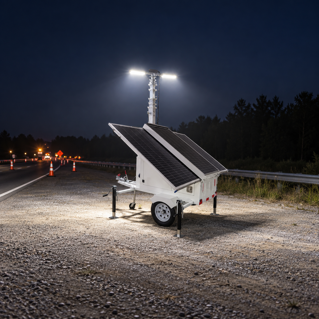 White solar-powered trailer light tower illuminating a roadside work zone at night with stabilizers deployed