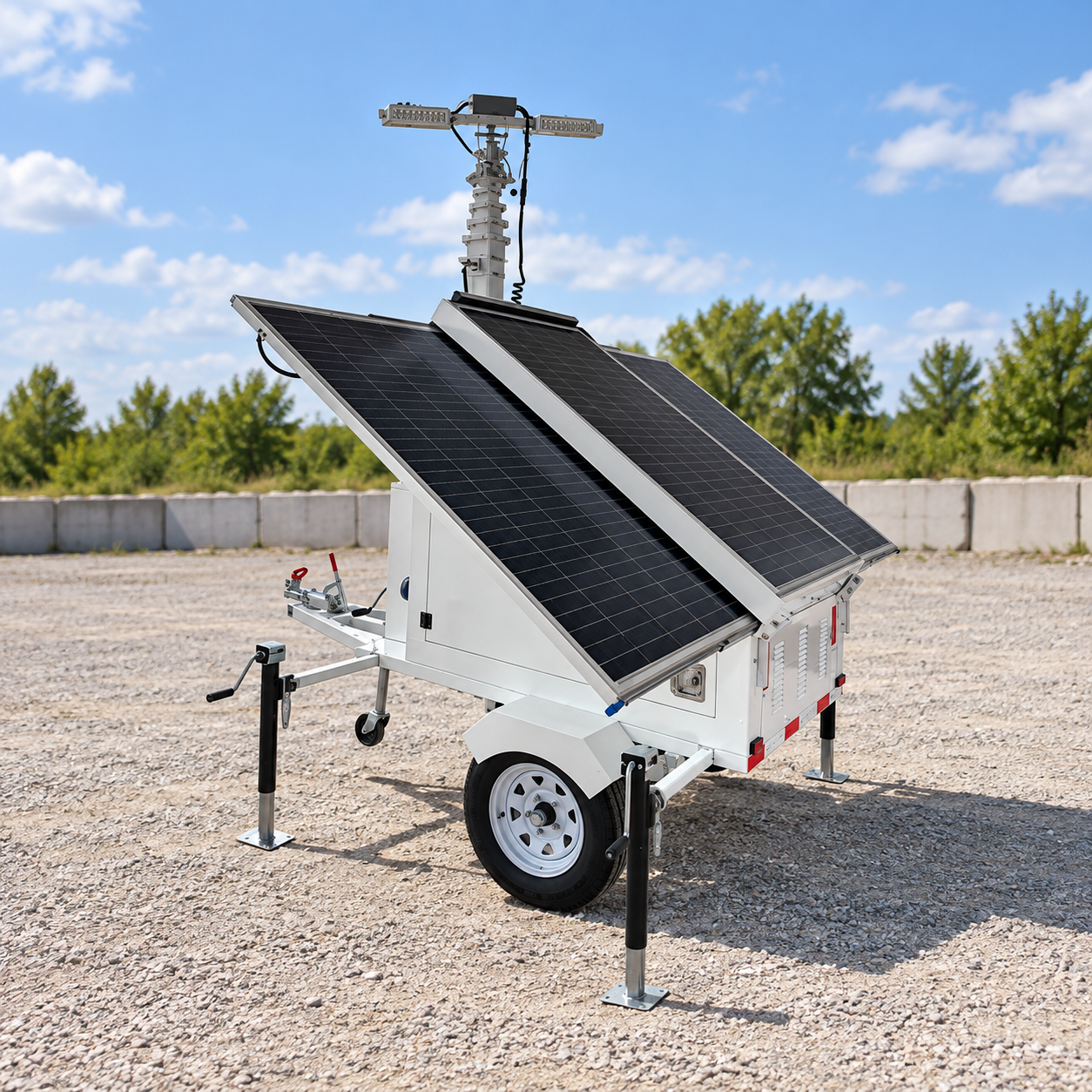 White single-axle solar trailer lighting tower with two sloped panels, two LED bars and four deployed stabilizers in a daylight yard
