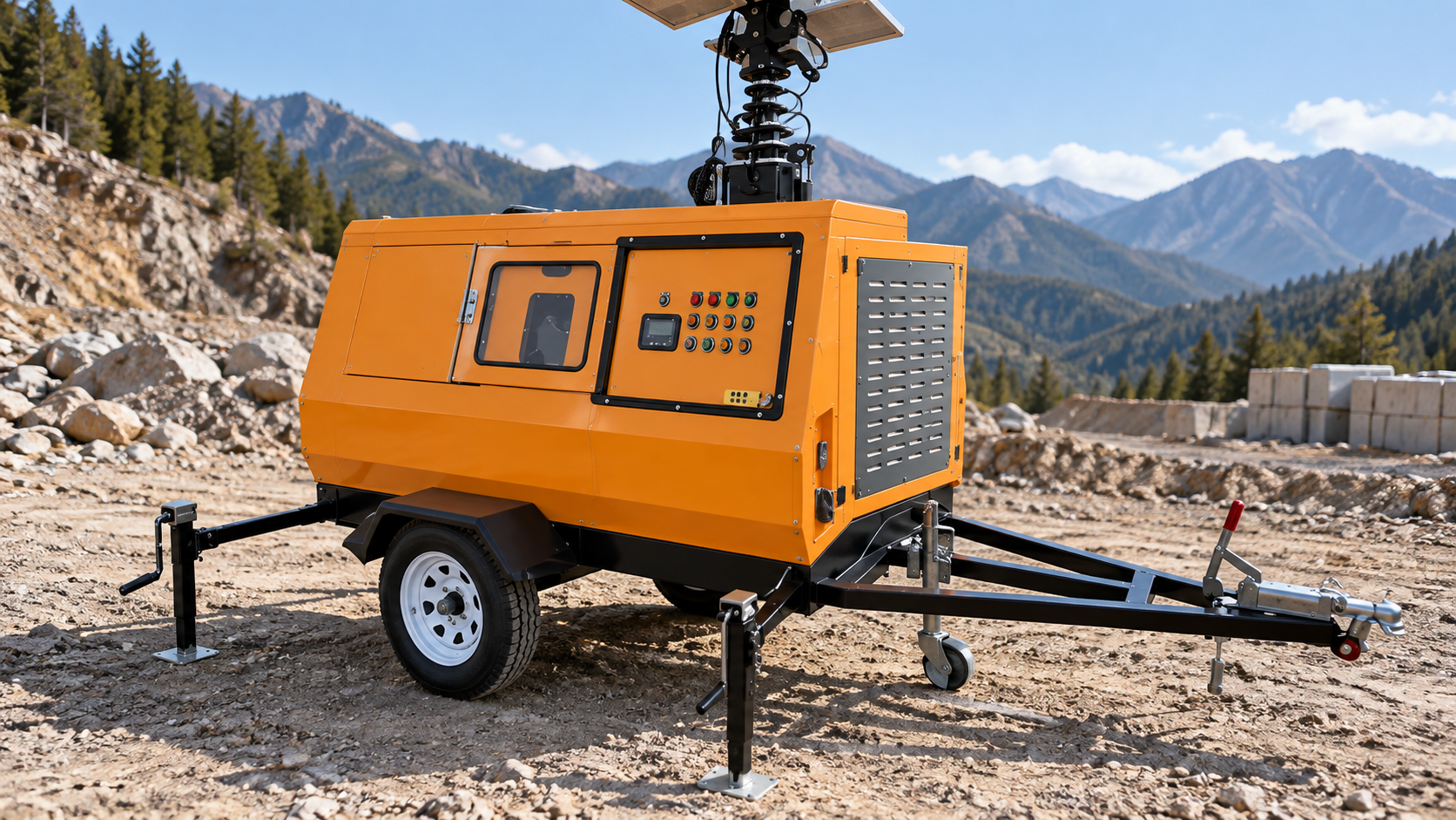 Orange enclosed hydraulic-mast lighting tower trailer with white-spoked wheel, black tow bar and stabilizer legs on a mountain worksite