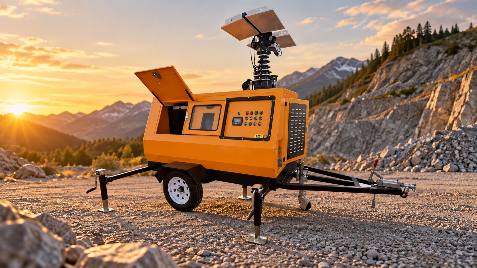 Orange hydraulic light tower trailer with vented cabinet, white wheel and black drawbar parked on dry mountain gravel at sunset