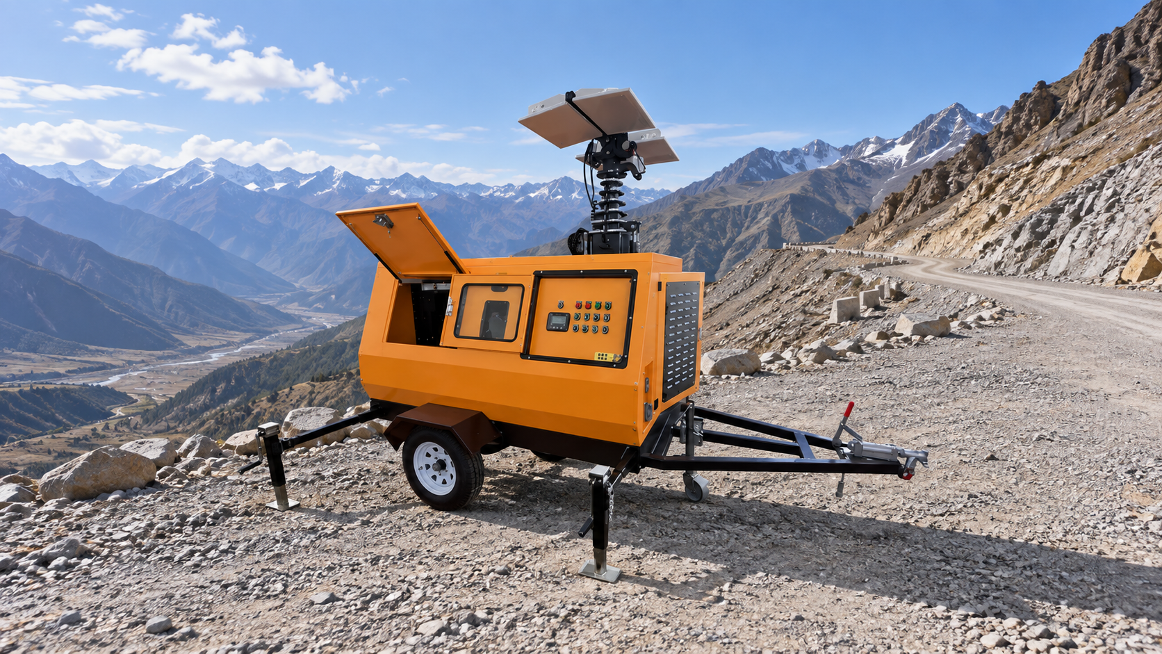 Orange enclosed mobile light tower trailer with twin folded rectangular heads and stabilizer feet at a high mountain construction turnout