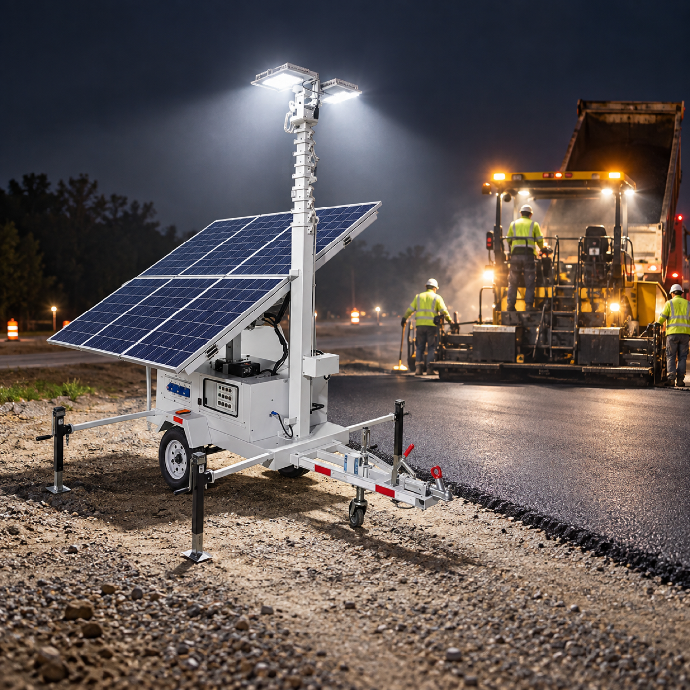 White four-panel solar trailer tower beside a nighttime asphalt paving operation.