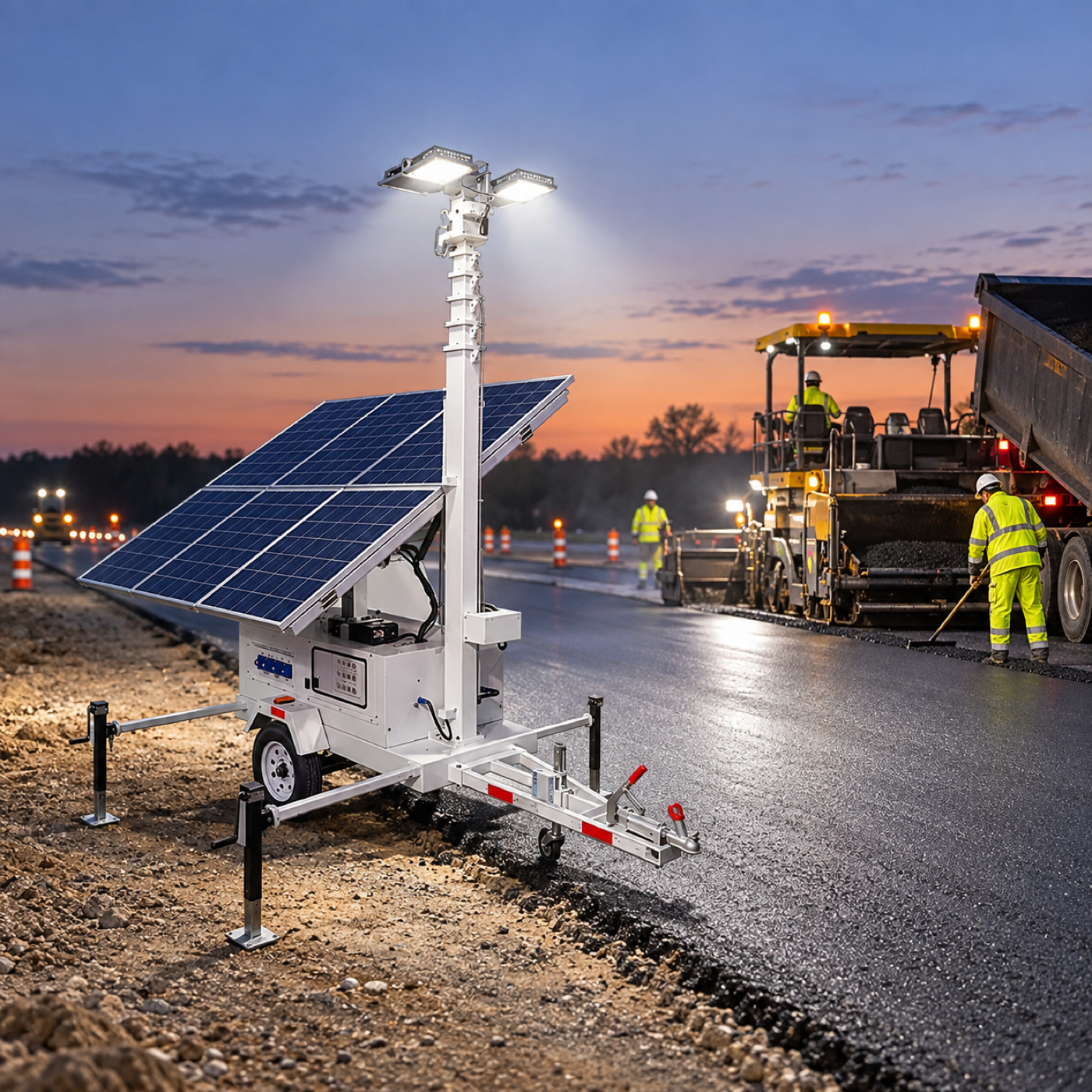 White solar trailer tower beside a marked paving lane with paving equipment in the background.