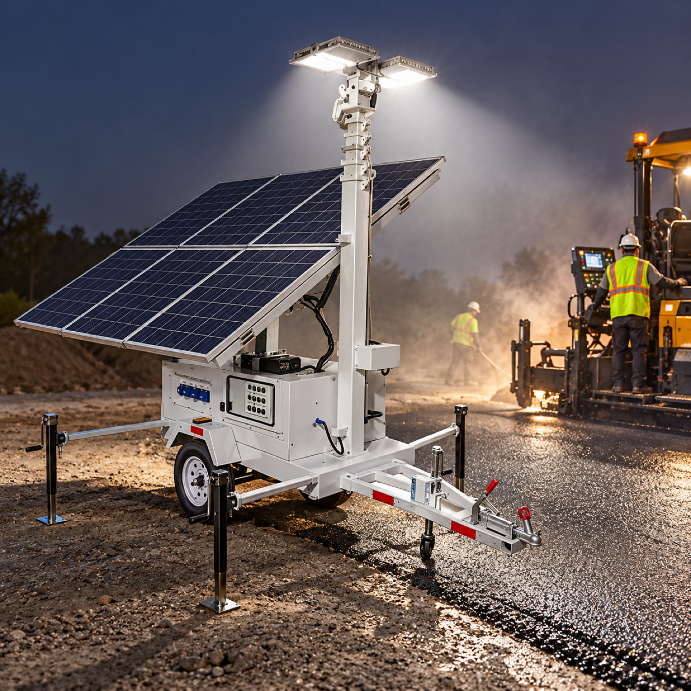 White solar trailer tower illuminating the area beside asphalt paving equipment at night.