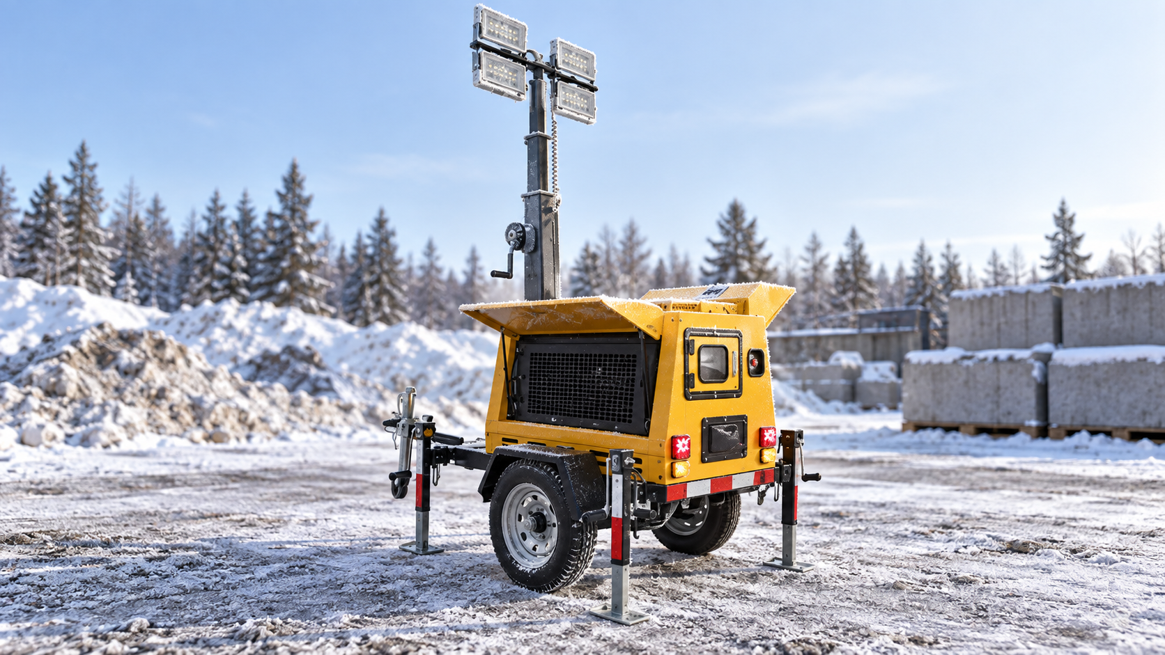 Close winter view of yellow light tower housing, dark grille, wheel, stabilizers and gray mast hand crank
