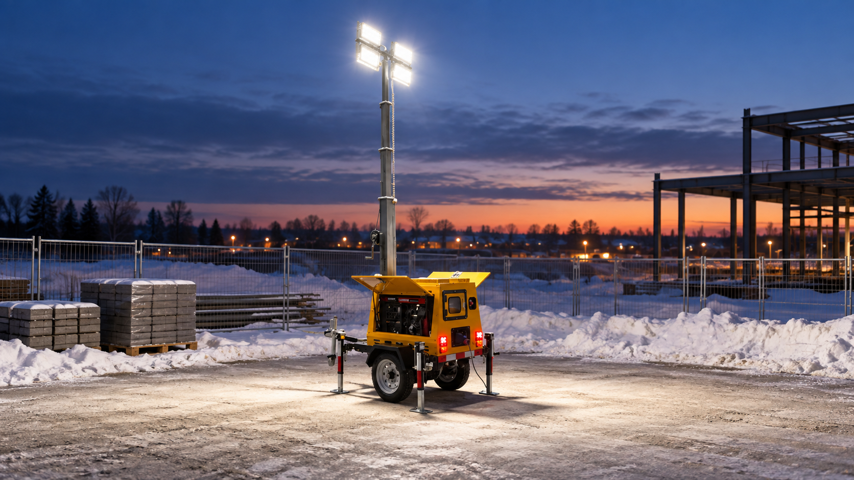 Yellow hand-cranked trailer light tower with four lamps illuminating a cleared winter construction perimeter