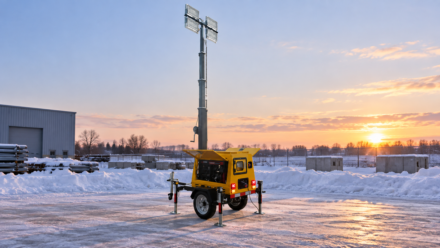 Yellow compact hand-cranked trailer light tower with tall gray mast and four rectangular lamps on a cleared snowy yard at dawn