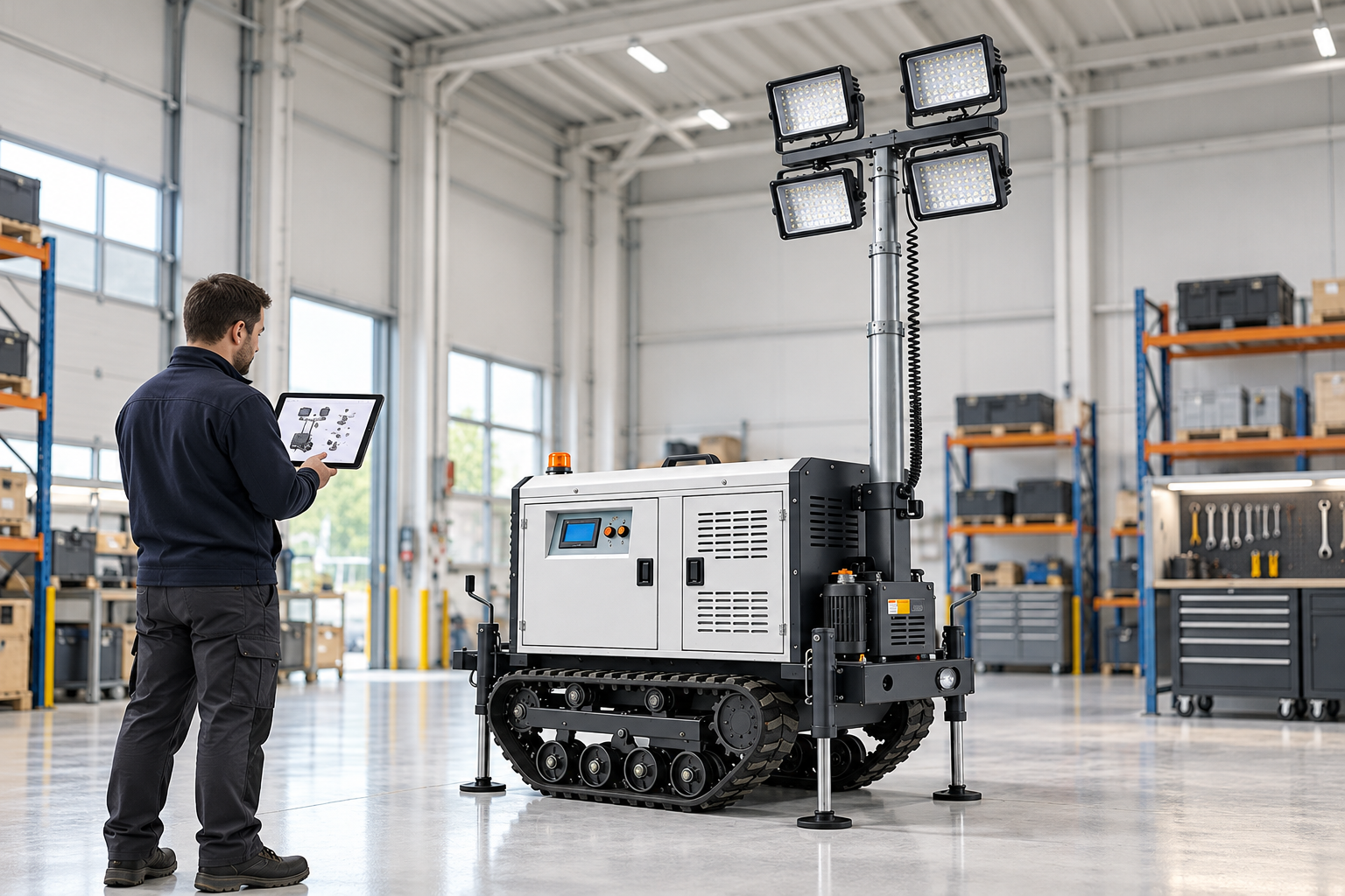 A technician reviews a tablet beside a tracked four-lamp tower in a warehouse; no counterfeit component is depicted.
