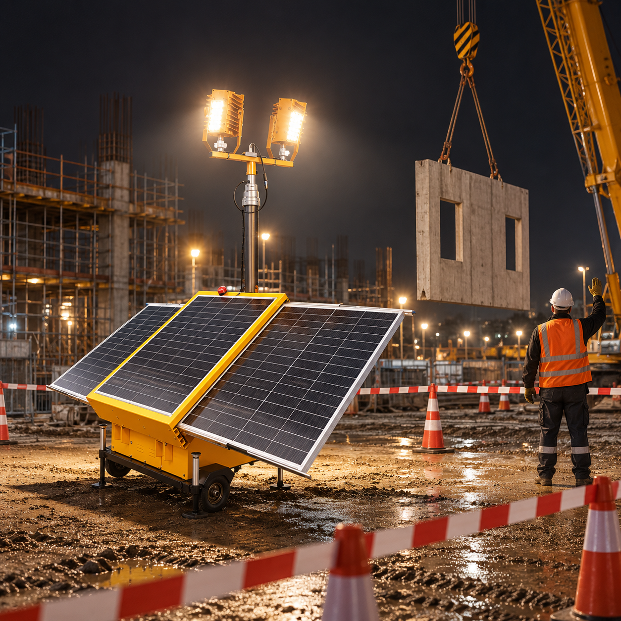 Yellow three-panel solar light tower beside a crane lifting a concrete wall section at night.