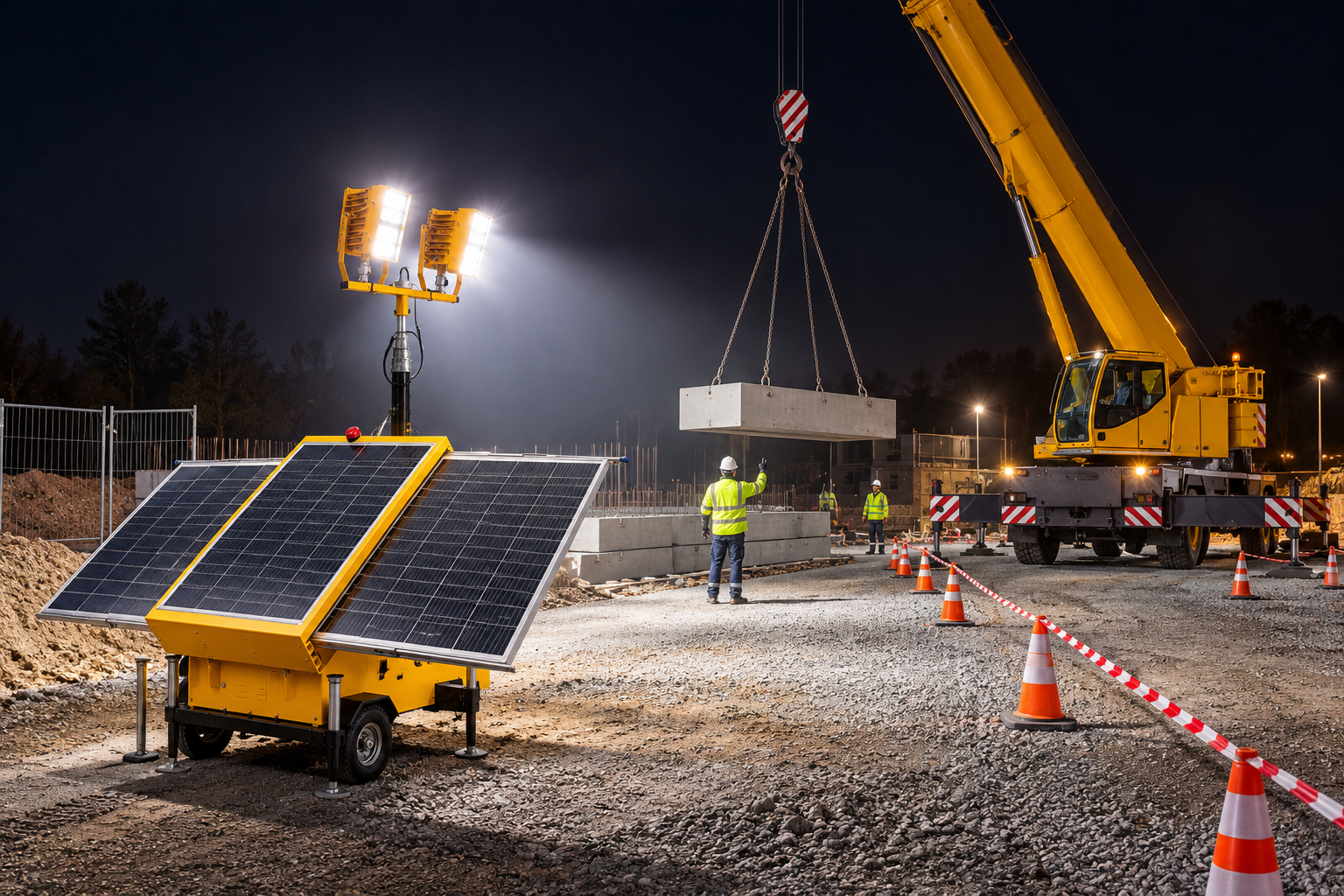 Yellow solar light tower outside the marked area of a nighttime crane lift.