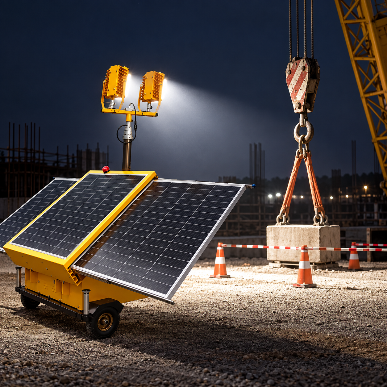 Yellow solar light tower beside a crane hook and rigging in a marked construction area.