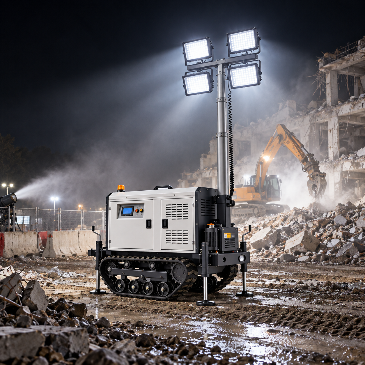 Grey tracked four-head light tower illuminating a demolition work area at night.