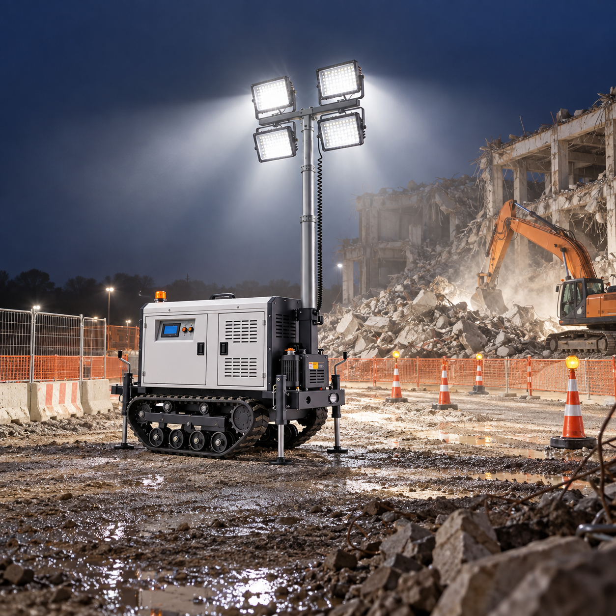 Grey tracked light tower at the marked perimeter of a demolition work area.
