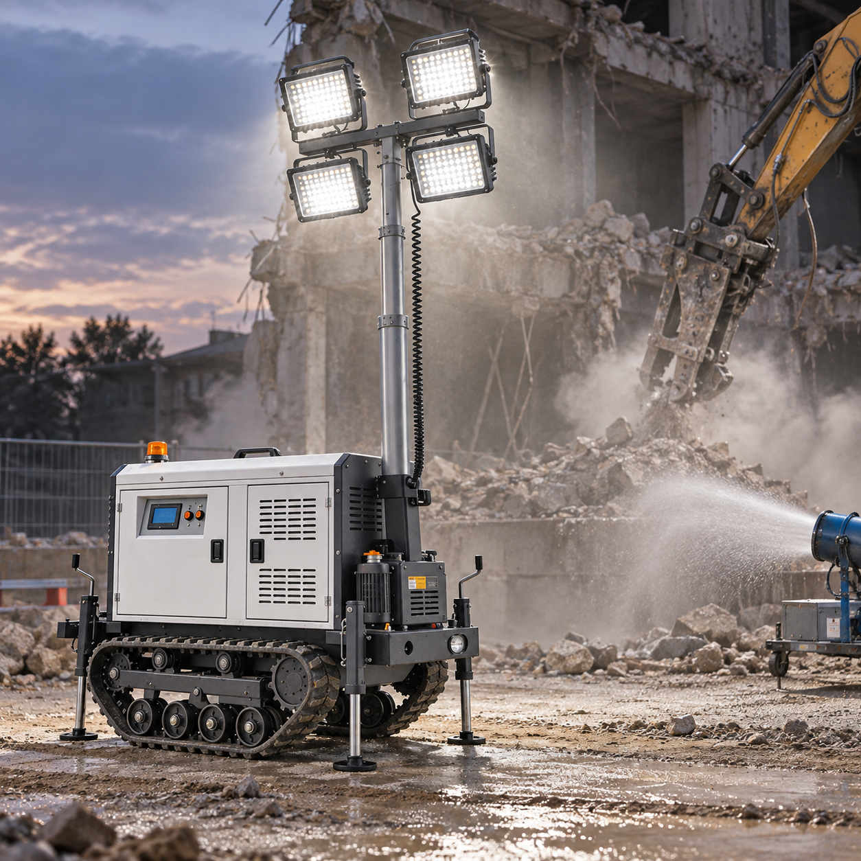 Grey tracked light tower in a demolition setting with airborne dust and an excavator in the background.