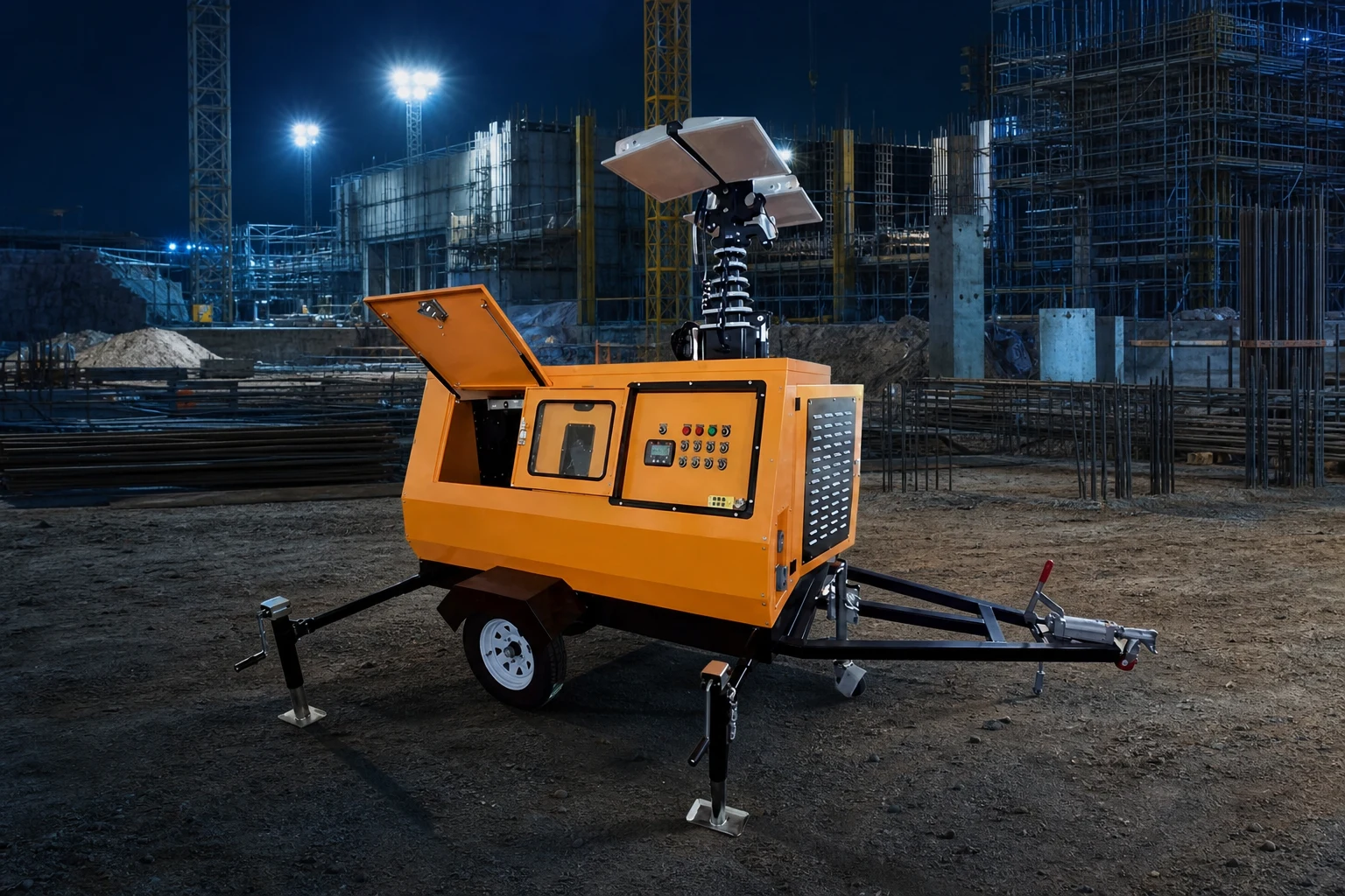 diesel generator light tower — Keyyou official product with illustrative industrial background (not a real site photo)