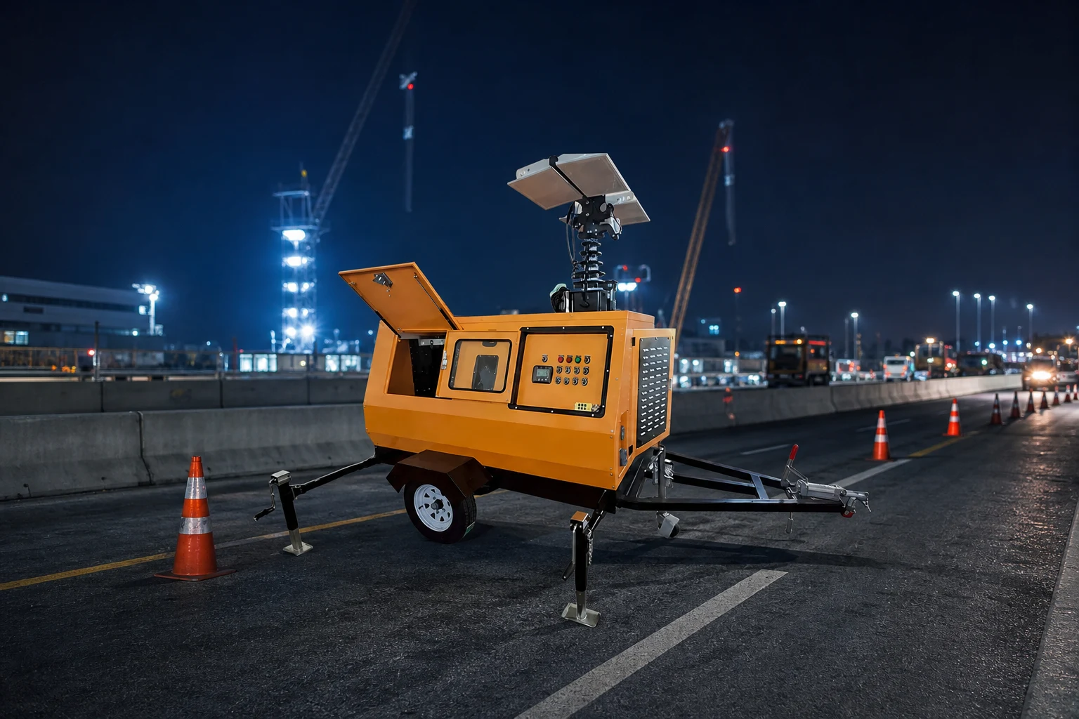 Diesel generator light tower — Keyyou official product with illustrative background (not a real site photo)