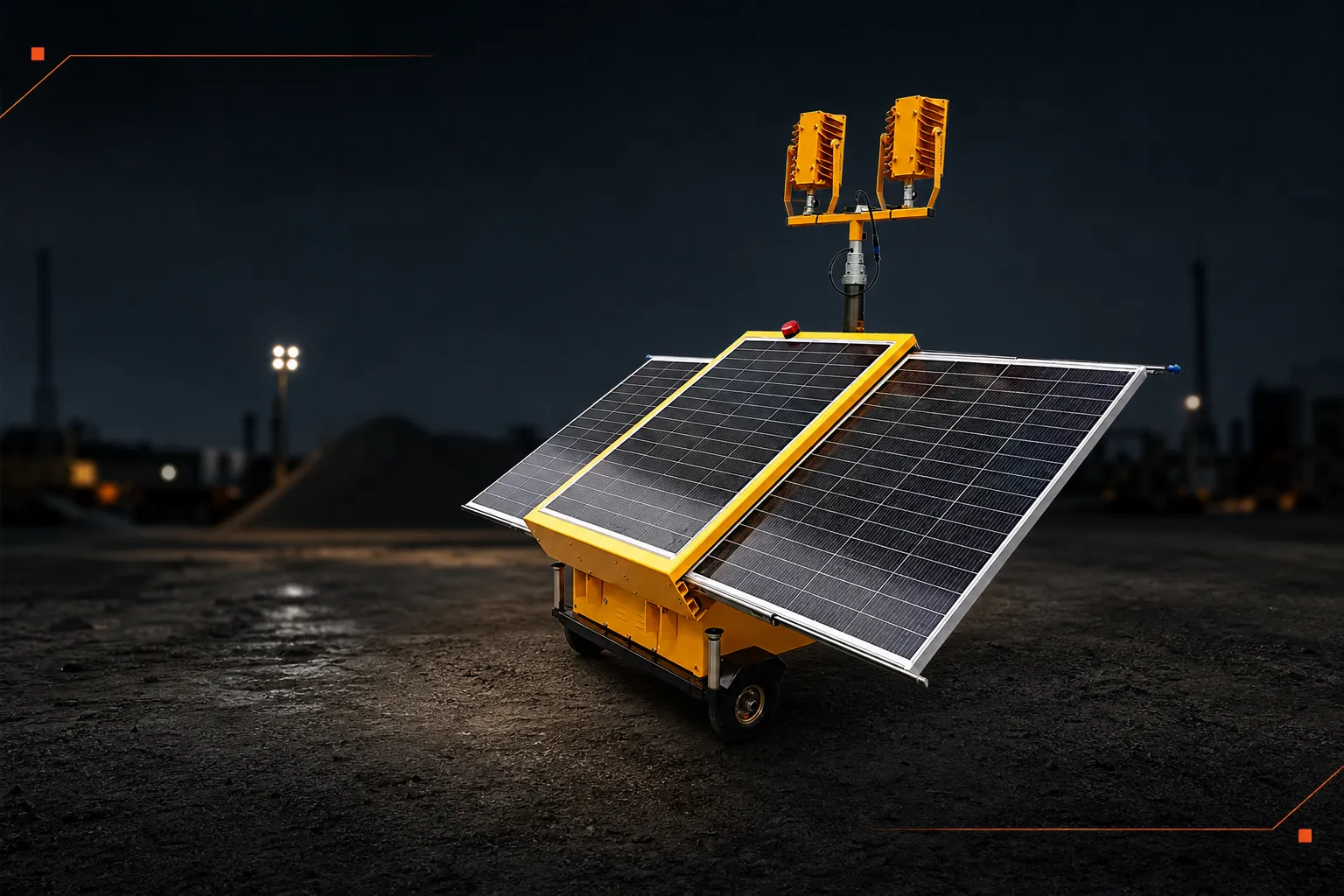 Solar light tower energy path from panels through storage to fixtures