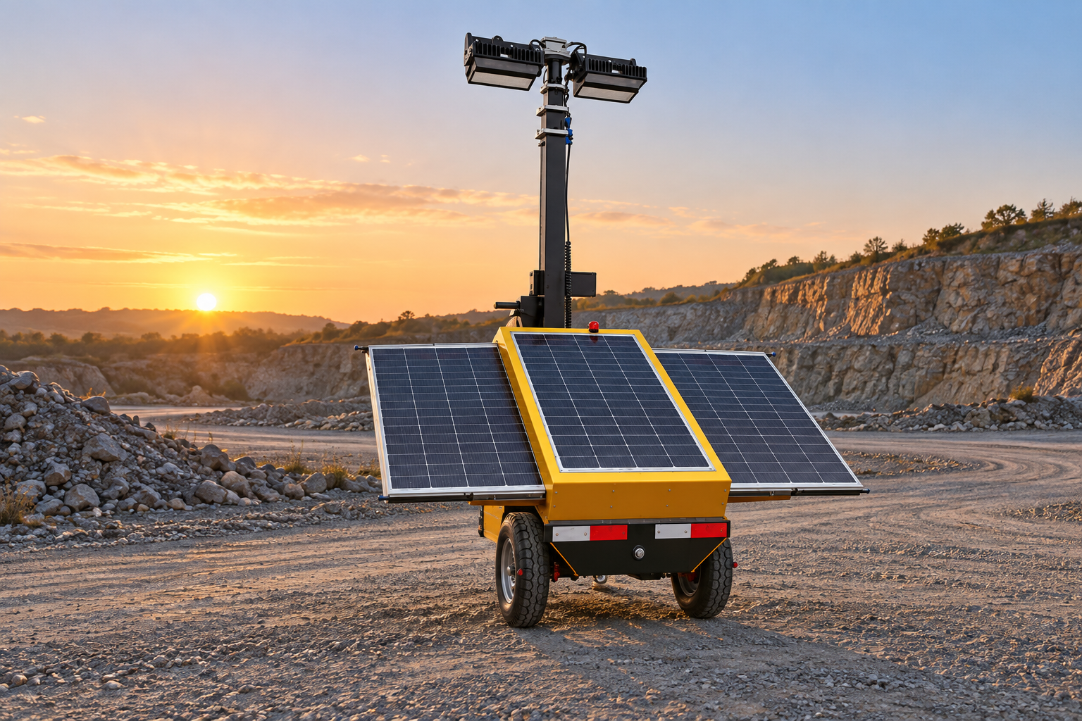Yellow two-wheel solar-assisted light tower with three photovoltaic panels and two rectangular LED heads at a dawn quarry perimeter