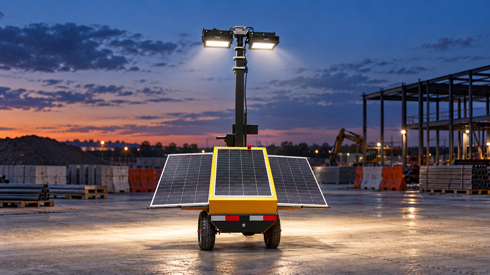Yellow two-wheel solar-assisted light tower with three panel sections and two LED heads illuminating a dusk construction staging area