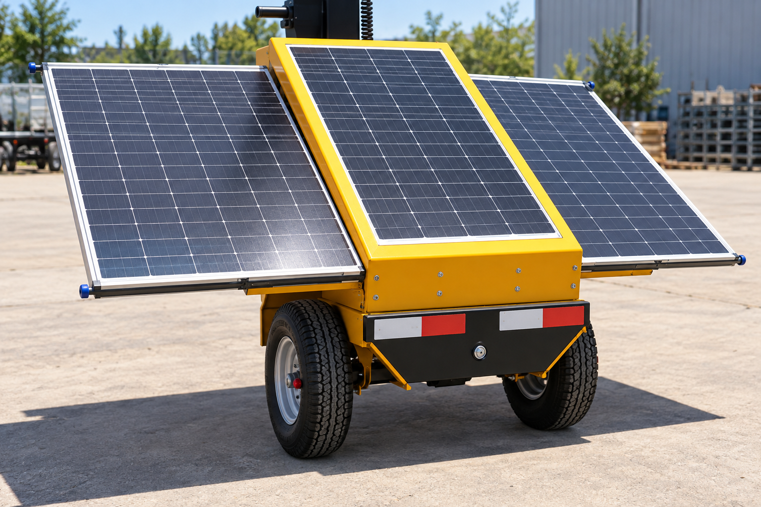 Close view of the yellow-framed central photovoltaic panel and two dark side solar wings above a two-wheel light tower chassis