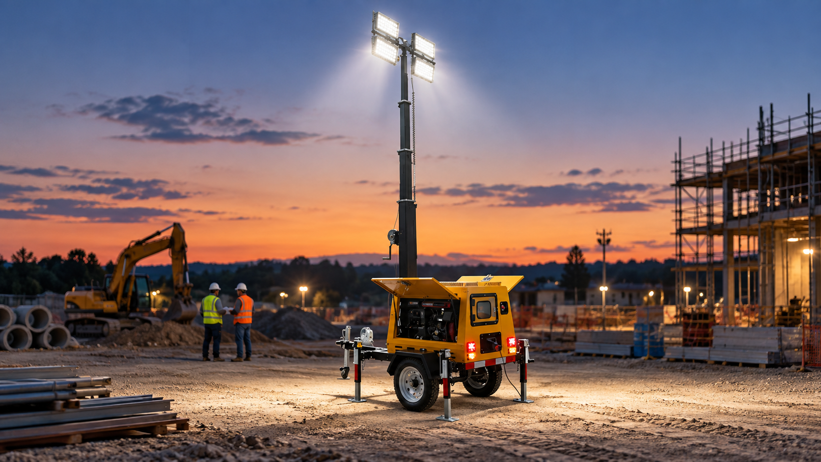 Yellow single-axle diesel trailer light tower with black telescoping mast and four rectangular LED heads at dusk