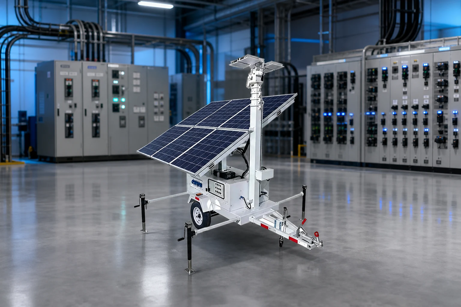 energy storage light tower — Keyyou official product with illustrative background (not a real site photo)