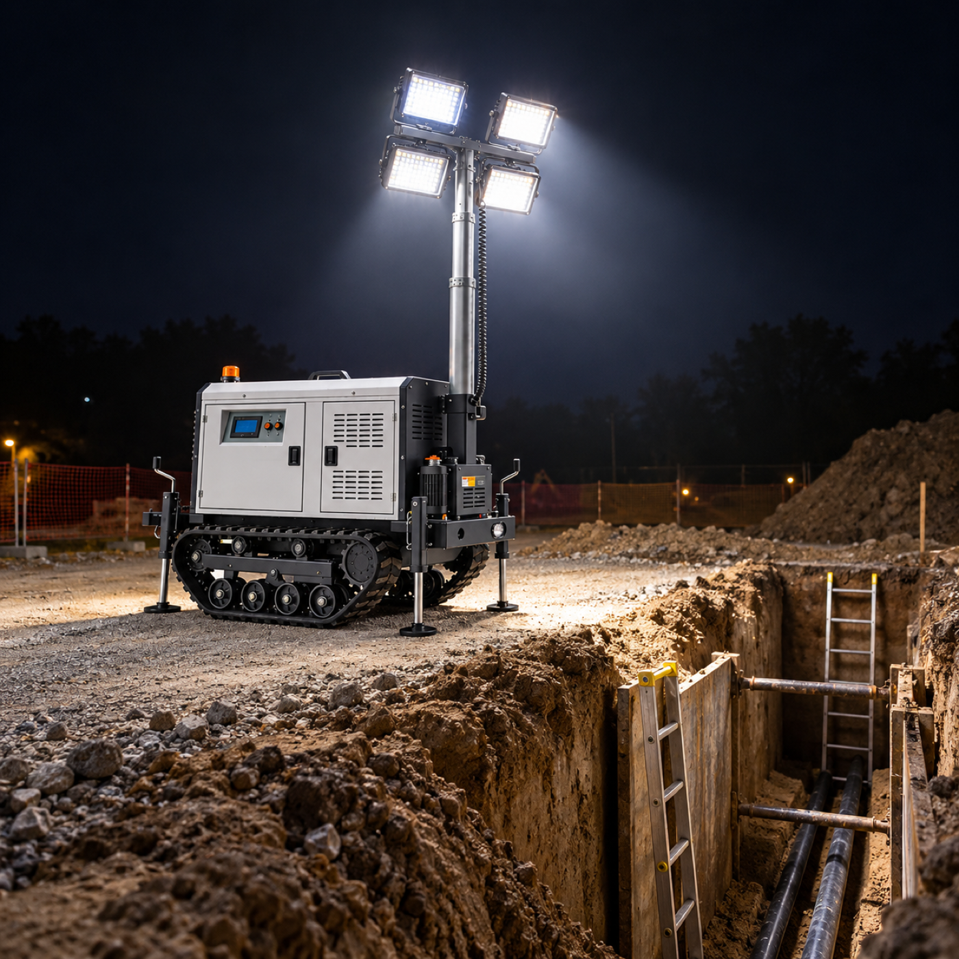 Grey tracked four-head light tower beside an excavation with an access ladder at night.