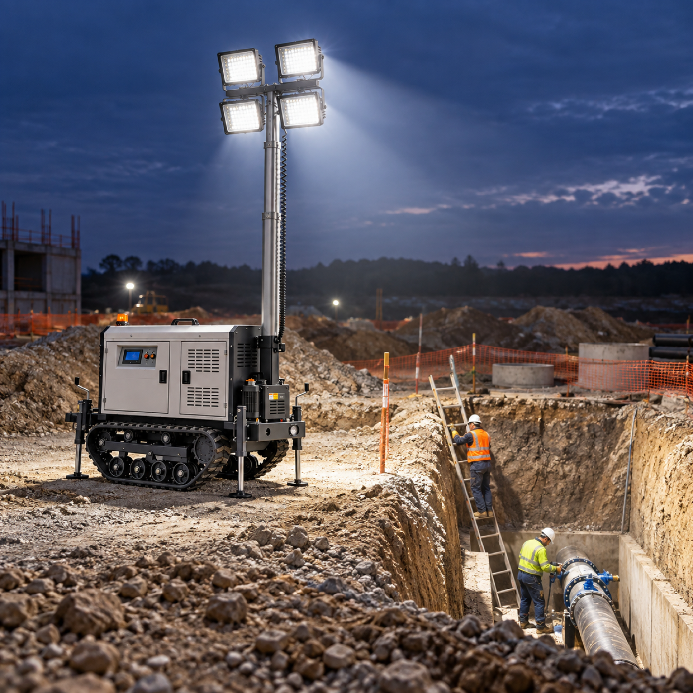 Grey tracked light tower beside a trench work area with crew and barriers in the background.