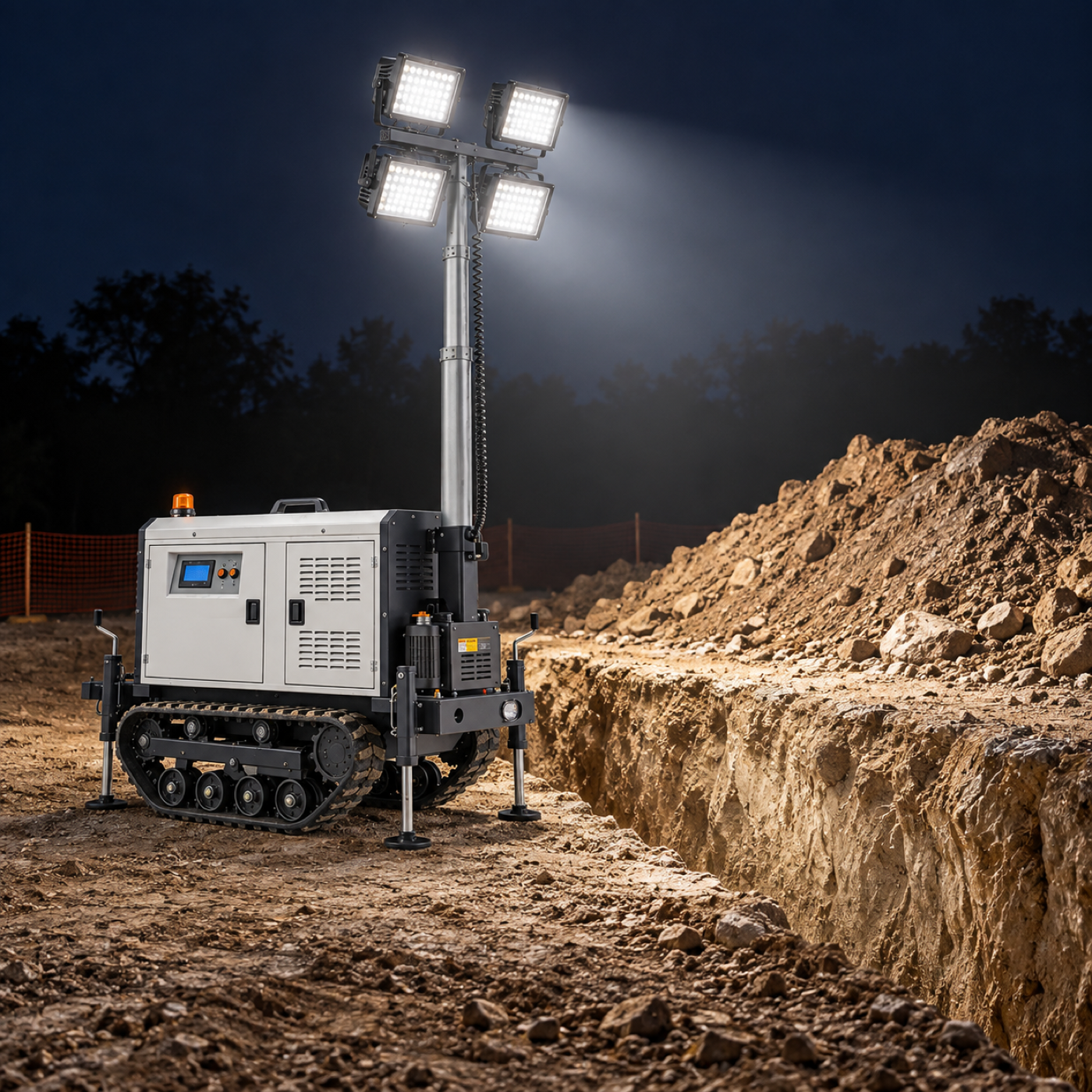 Grey tracked light tower illuminating an excavation edge and adjacent spoil at night.