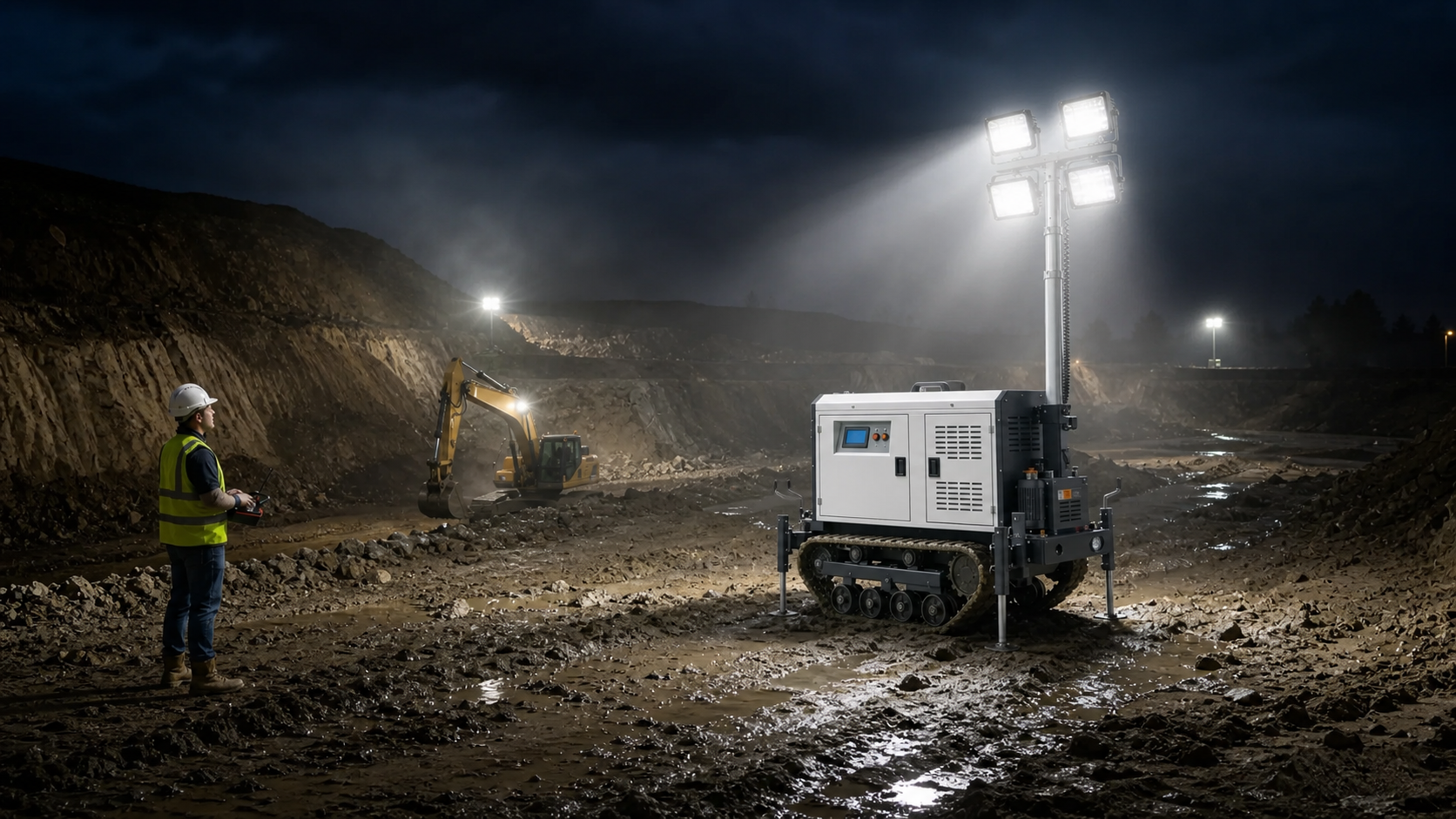 Keyyou tracked mobile light tower at a night earthworks site