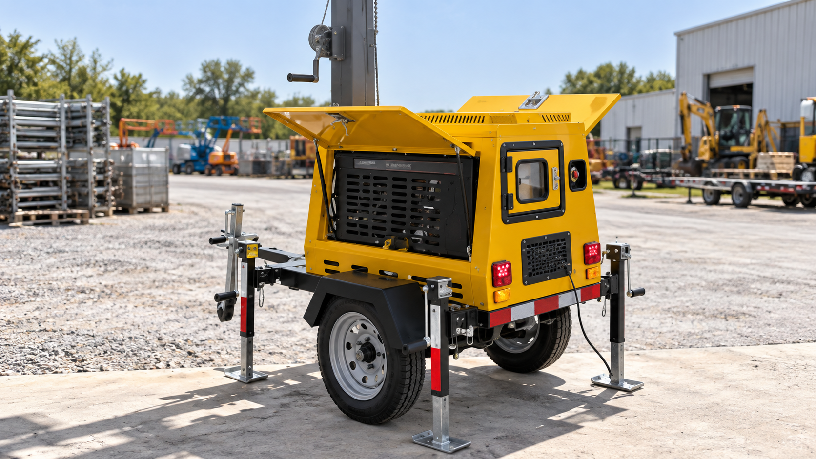 Close view of yellow light tower generator housing with dark front grille, manual mast crank, wheels and stabilizer legs