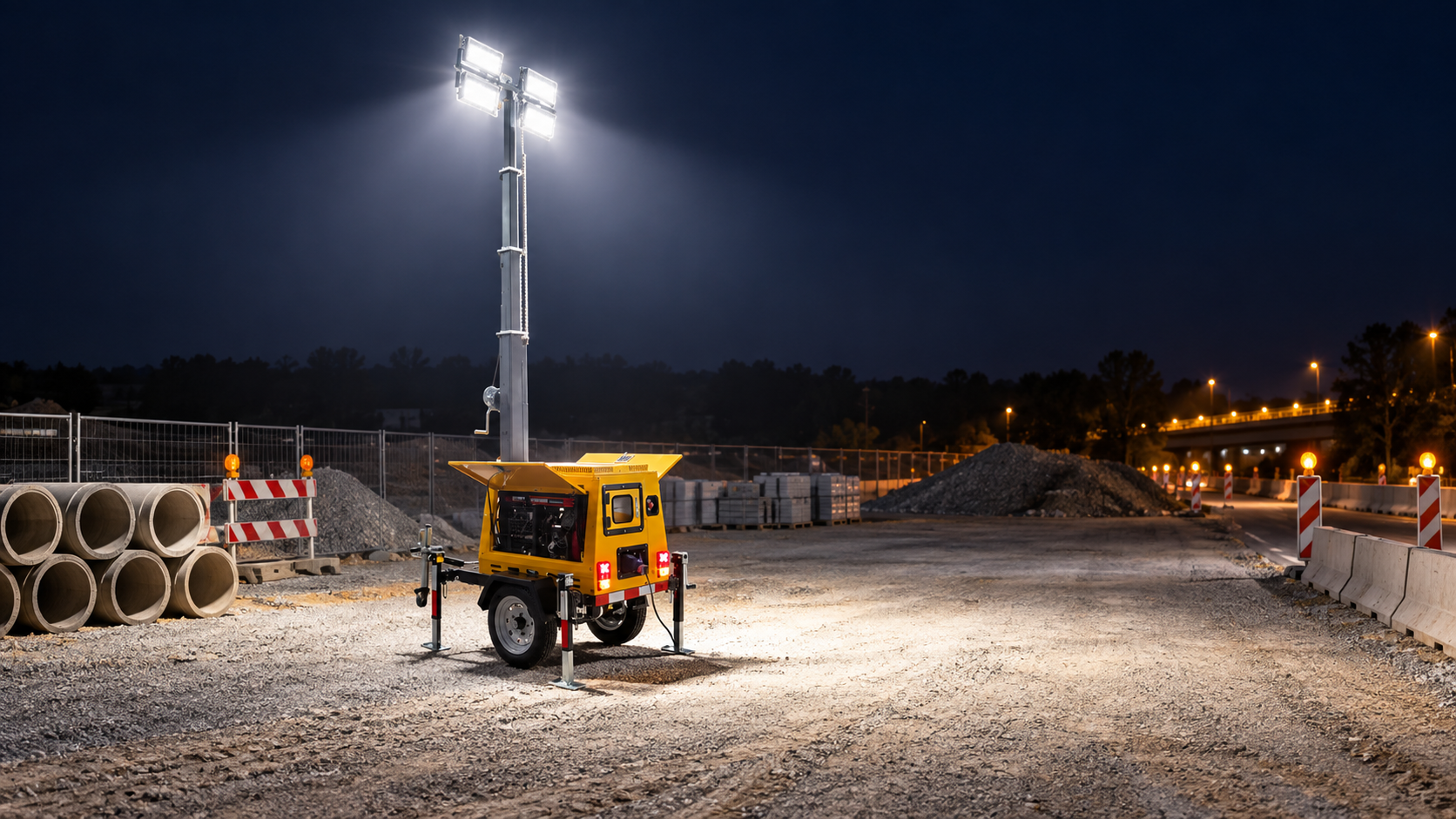Yellow compact two-wheel hand-cranked light tower with four rectangular LED heads lighting a night roadwork staging area
