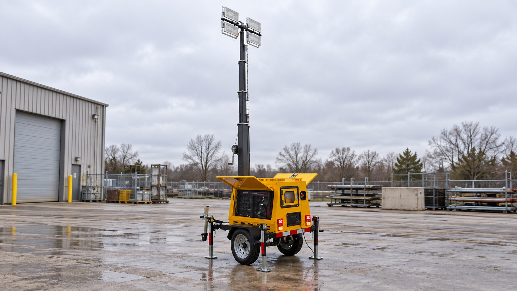 Yellow two-wheel hand-cranked trailer light tower with four lamps and deployed stabilizers in an overcast industrial equipment yard