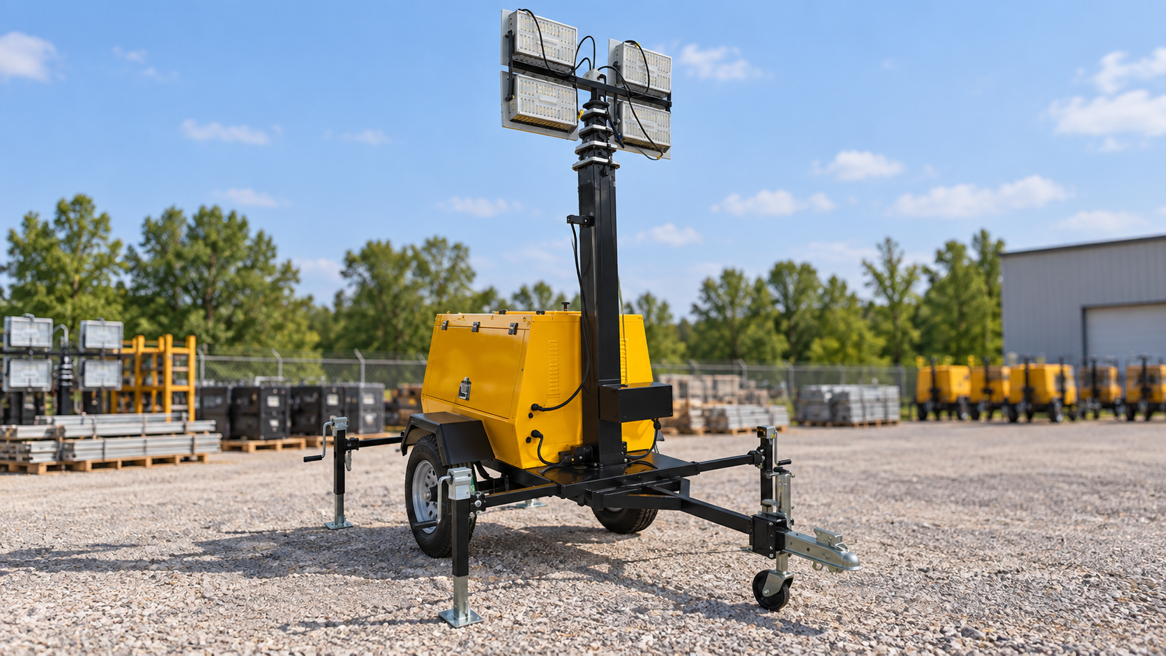 Daylight view of yellow trailer light tower enclosure, black electric mast, wheel, tow frame and stabilizers