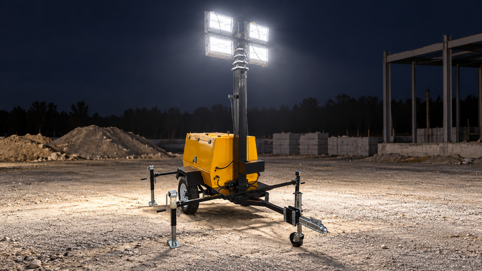 Yellow single-axle trailer light tower with black mast and four rectangular LED panels illuminating a construction area