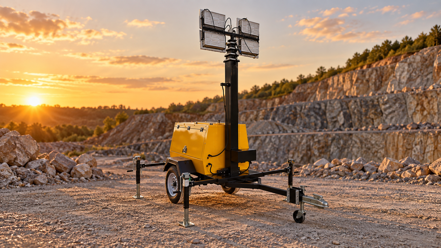 Yellow single-axle electric-pole light tower with four lamps and deployed stabilizers at a quarry during sunset