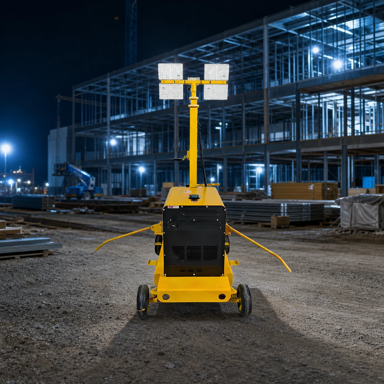 hand cranked mobile lighting tower — Keyyou official product with illustrative industrial background (not a real site photo)