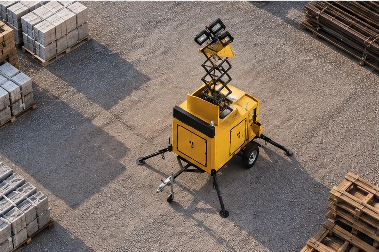 Lichtmasttransportplanung neben einem Tieflader und einer mobilen Achslastwaage
