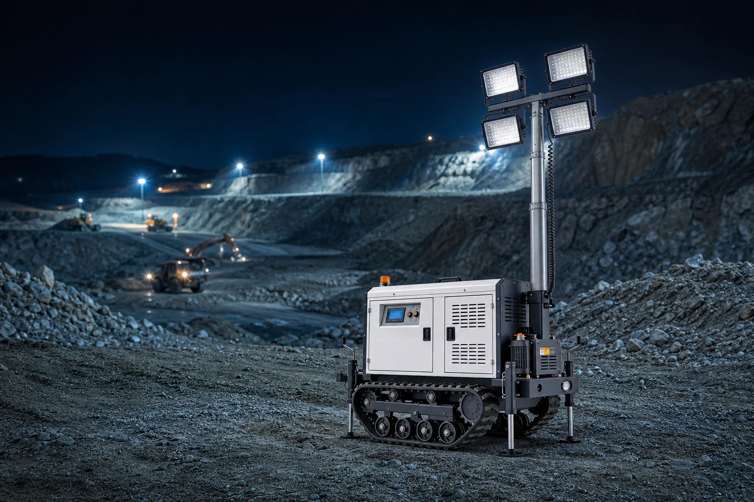 crawler type light tower — Keyyou official product with illustrative industrial background (not a real site photo)