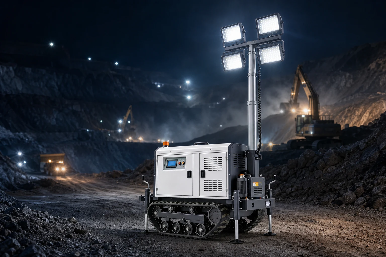 Crawler type light tower concept — official Keyyou product with illustrative background (not a real site photo)
