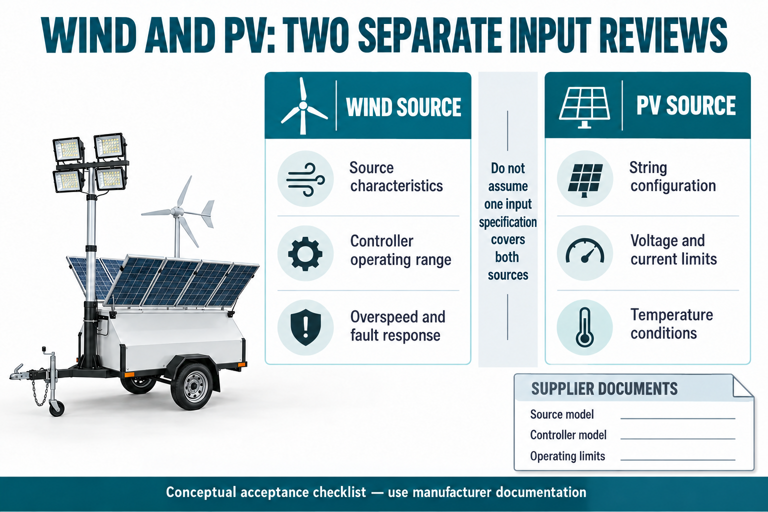 Separate wind and photovoltaic input review checklists for a wind solar light tower