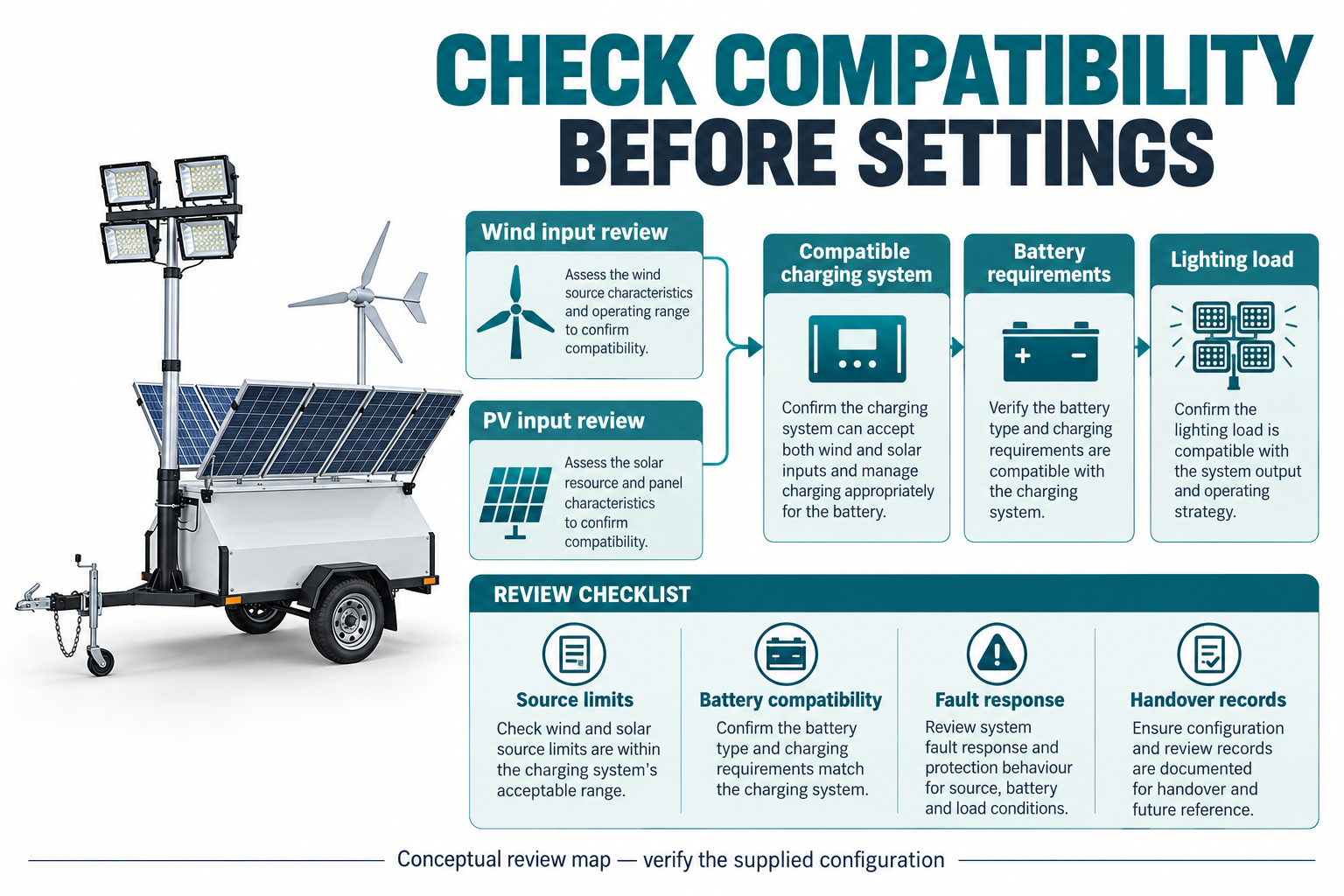 Reference wind solar lighting trailer beside a conceptual source, charging system, battery and lighting-load compatibility review