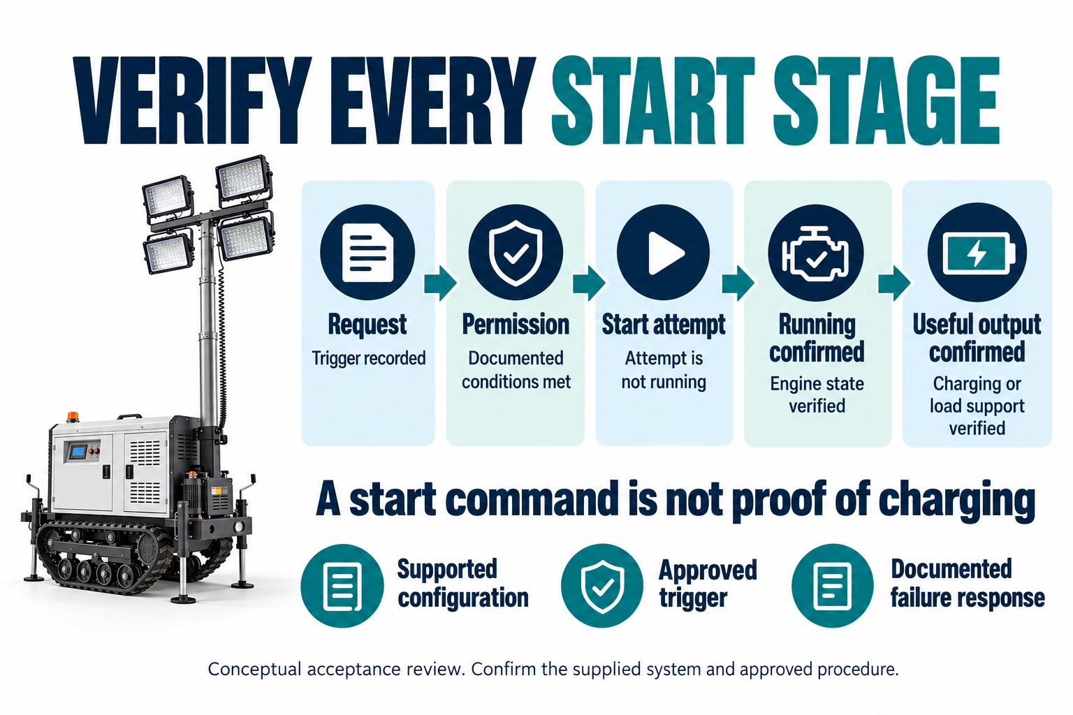 Reference crawler tower beside five separate stages: request, permission, start attempt, confirmed engine operation and verified useful output