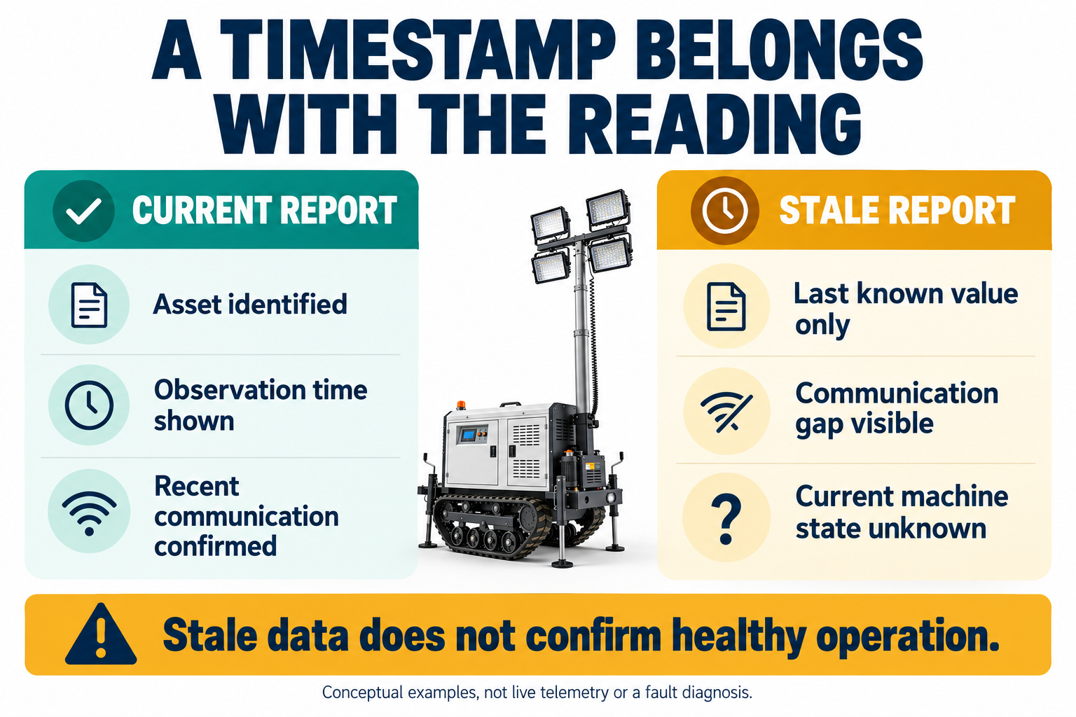 Side-by-side conceptual current and stale reports distinguish current evidence from last-known information and an unknown present machine state
