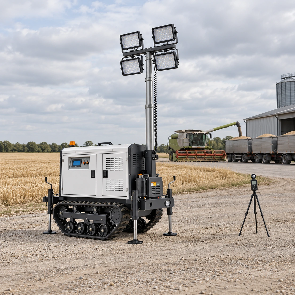 Daylight placement and visual inspection of the mobile tower for agricultural harvest lighting.